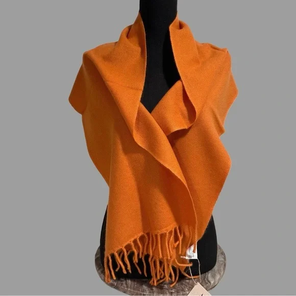 Certified 100%Cashmere Pashmina Nepal Lux WinterScarf Orange Fringe Handmade NWT